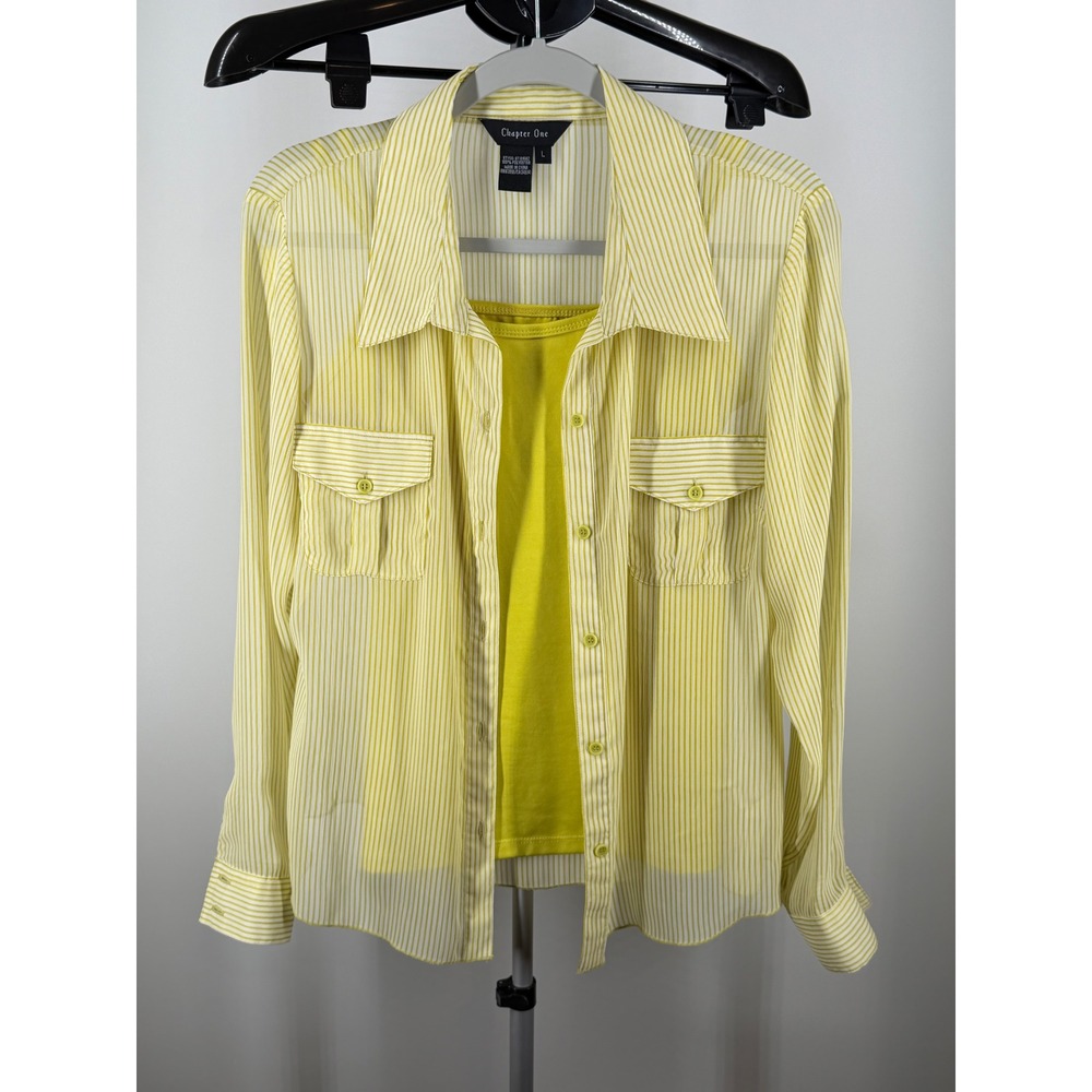 Chapter One Lime Green Striped Sheer Button Down Blouse & Camisole Set Size L L‎
